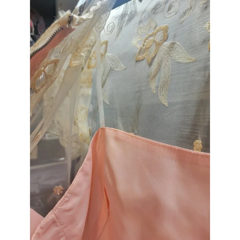 VTG 70s Party Tea Dress Women  Bridesmaid Chiffon Peach White Coquette